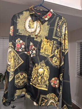 Urban Outfitters Black and Gold Baroque Medallion Button-Down Shirt